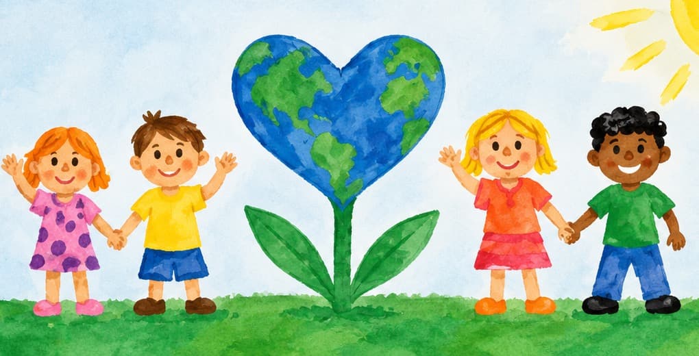 Junior Achievers Academy logo artwork with children and a heart-shaped earth