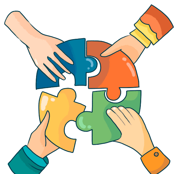 Hands placing colourful puzzle pieces together